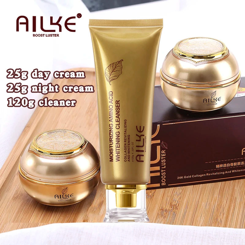 AILKE 24K Collagen Facial Whitening Set, Reduce Black Spots, Freckles, Brightening, Moisturizing Beauty Set For All Skin Types