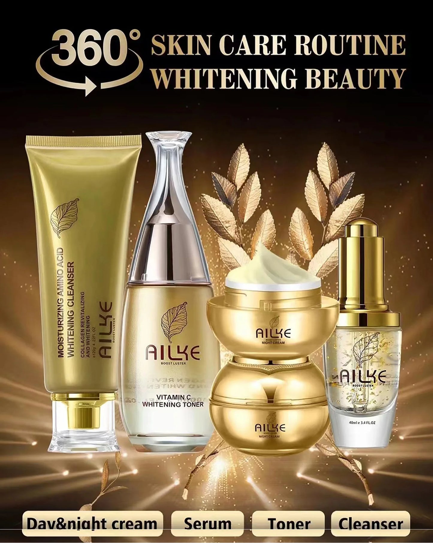 AILKE 24K Collagen Facial Whitening Set, Reduce Black Spots, Freckles, Brightening, Moisturizing Beauty Set For All Skin Types