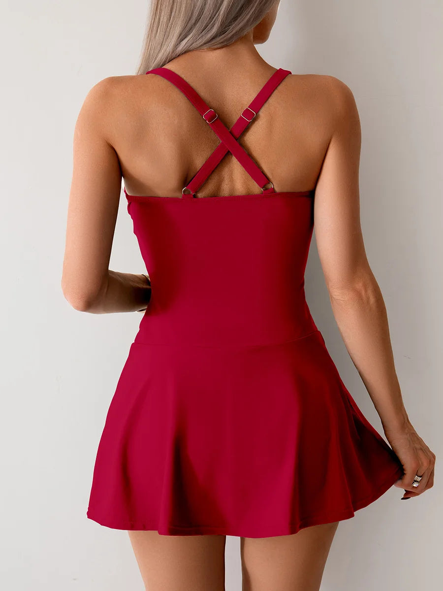 Women’s Two Piece Swim Dress With Bottoms Swimsuits Skirt Bathing Suit Vacation Adjustable Criss Cross Back Beachwear Solid 2025