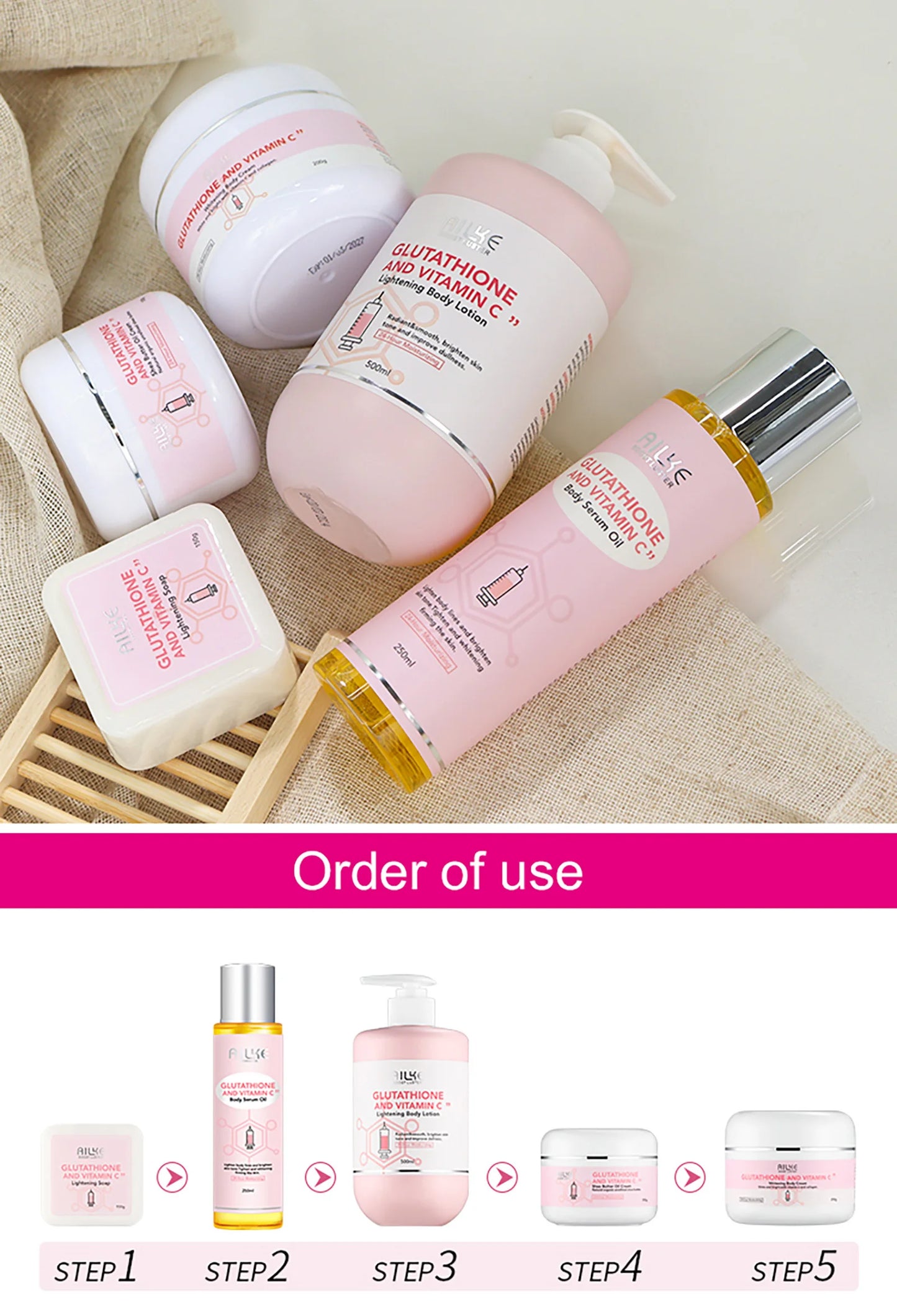 AILKE Whitening Skin Care Set, With Glutathion Vitamin C, Brighter Smoother Skin, Reduce Dark Spots, Clean Skin, Moisturizing