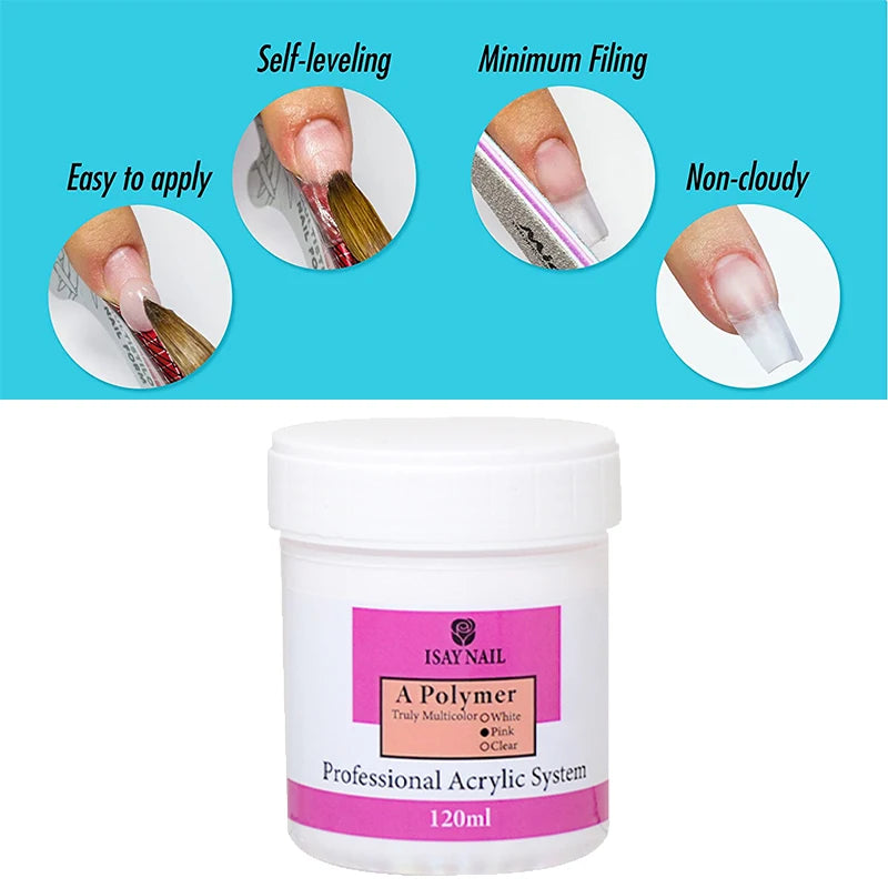 ISAYBEAUTY 120g Nail Acrylic Powder White Pink Clear Carving Crystal Polymer Builder Nails Extension power dipping nail polish