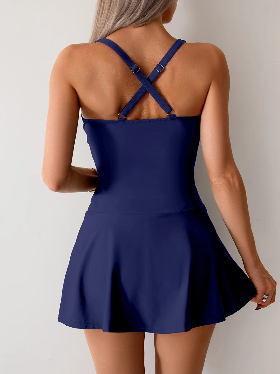 Women’s Two Piece Swim Dress With Bottoms Swimsuits Skirt Bathing Suit Vacation Adjustable Criss Cross Back Beachwear Solid 2025