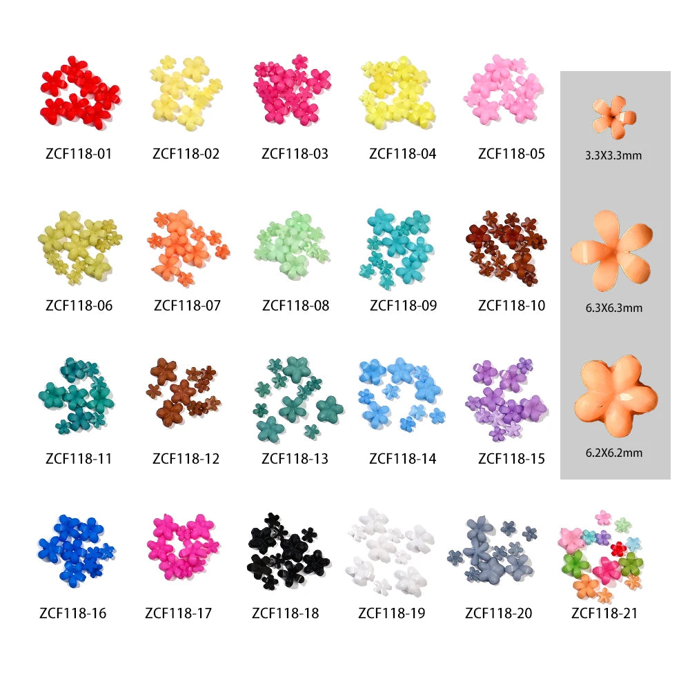 100pcs/bag 3D Acrylic Flower Nails Charms Mixed Size Colors Nail Art Decoration Rhinestones Florets Jewelry DIY Nail Accessories
