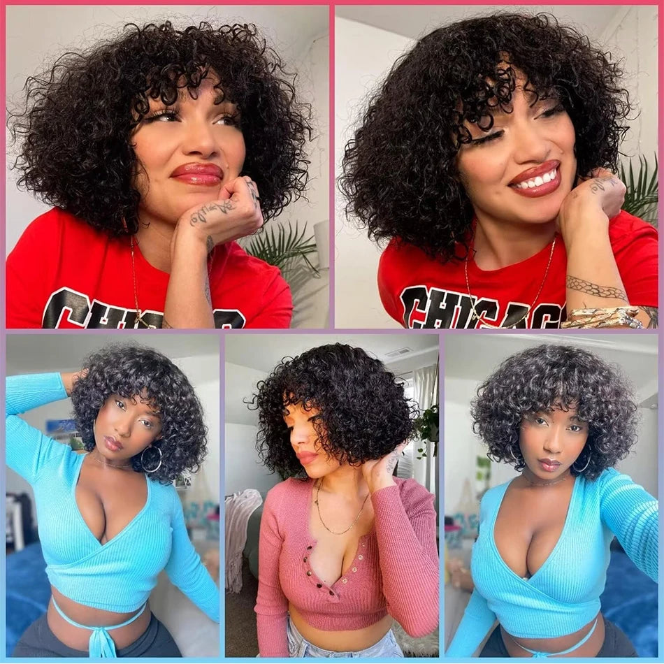 Curly Human Hair Wigs For Women 100% Human Hair Bob Wig Kinky Curly Wig With Bangs Perruque Cheveux Humain Full Machine Made Wig