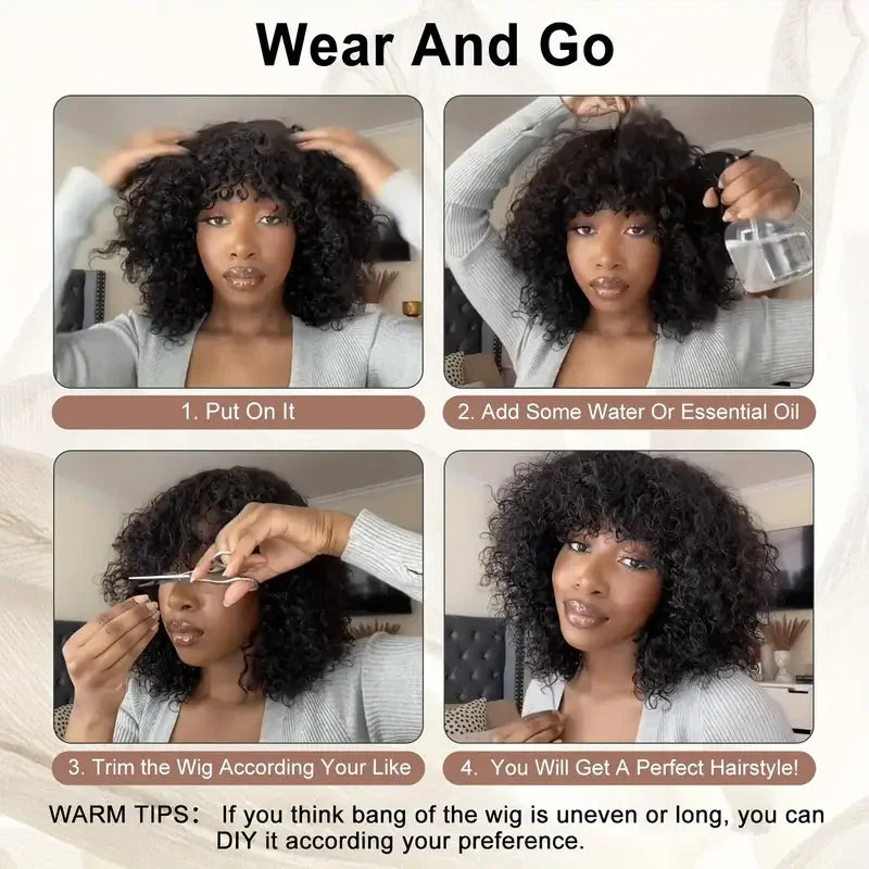 Curly Human Hair Wigs For Women 100% Human Hair Bob Wig Kinky Curly Wig With Bangs Perruque Cheveux Humain Full Machine Made Wig