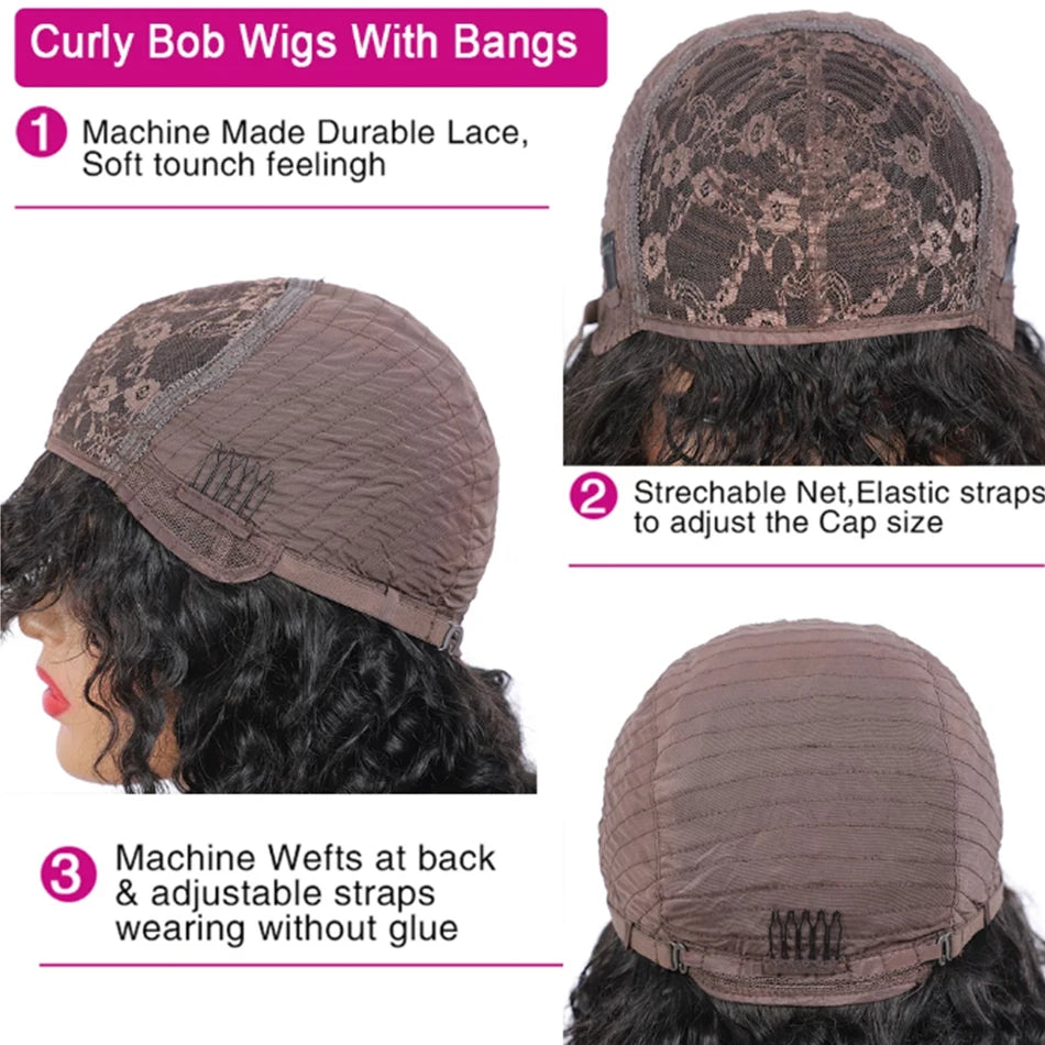 Curly Human Hair Wigs For Women 100% Human Hair Bob Wig Kinky Curly Wig With Bangs Perruque Cheveux Humain Full Machine Made Wig