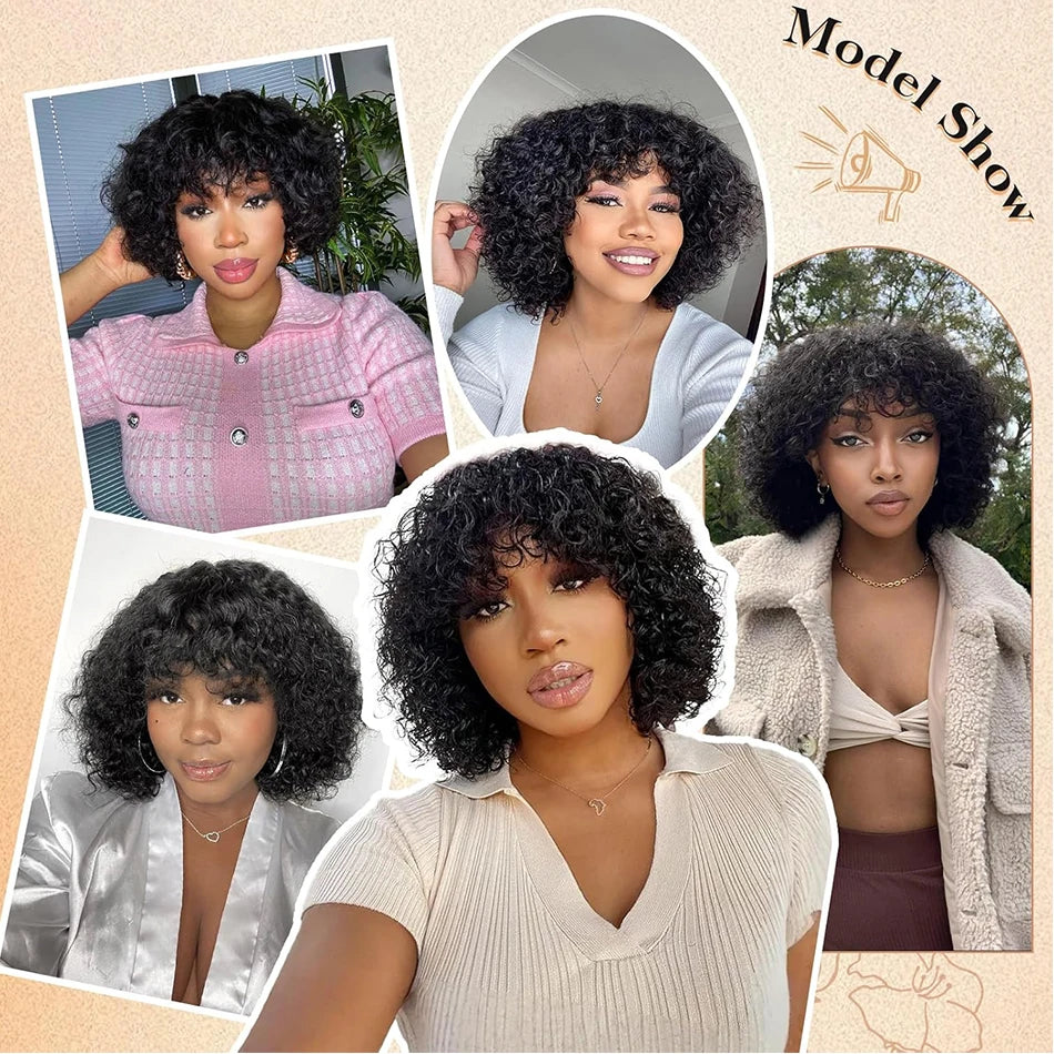 Curly Human Hair Wigs For Women 100% Human Hair Bob Wig Kinky Curly Wig With Bangs Perruque Cheveux Humain Full Machine Made Wig